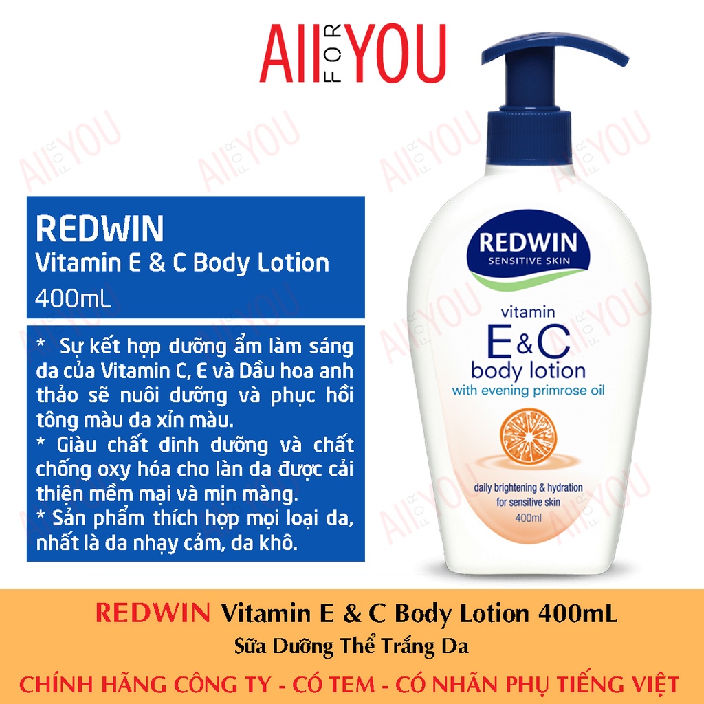 [CHÍNH HÃNG CÓ TEM] REDWIN vitamin E&amp;C body lotion 400ml - Sữa Dưỡng Thể Trắng Da.