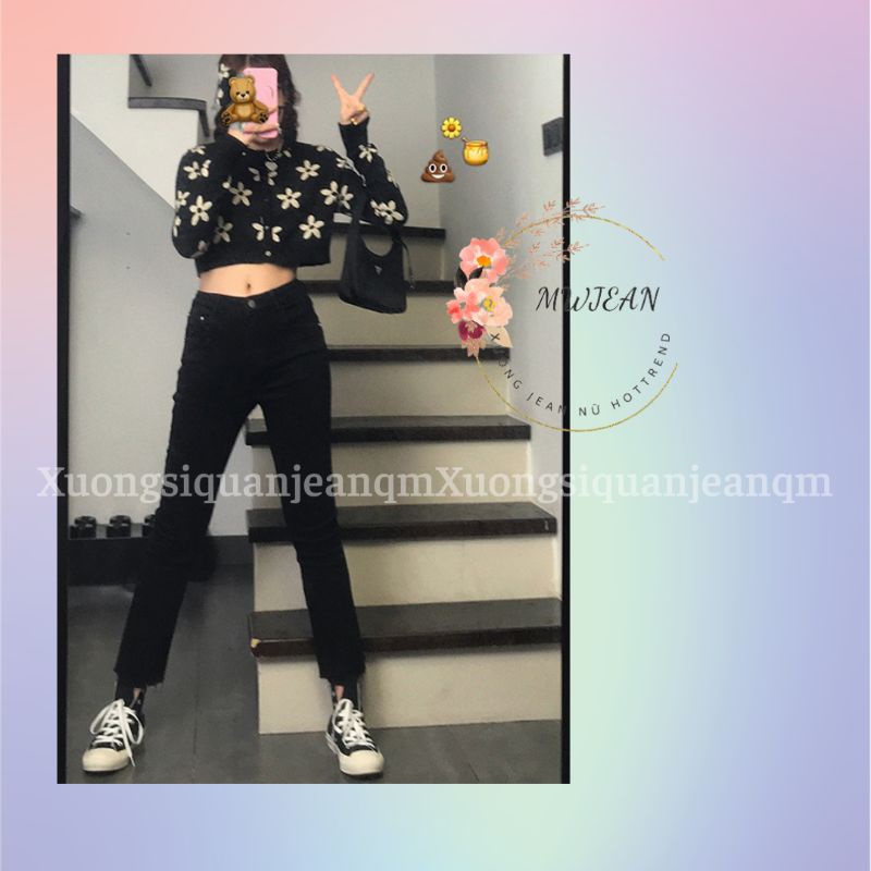 Quần jeans suông ống đứng cap cao trơn nhạt chất jeans mềm mặc kéo dài chân phong cách Hàn Quốc