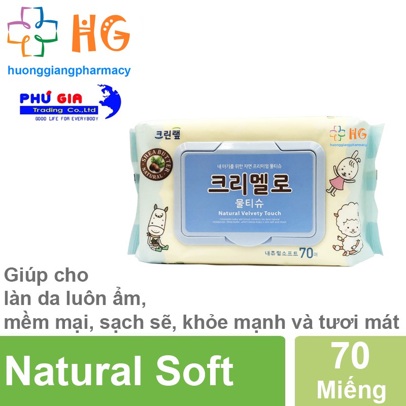 Khăn giấy ướt Hàn Quốc Natural Soft - Chiết xuất trái Bơ, Chanh, tinh dầu Olive (Gói 70 Miếng)