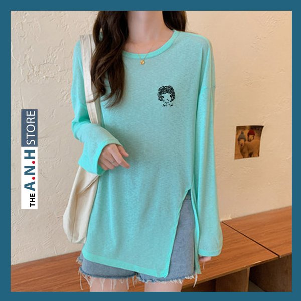 Áo thun xược tay dài xẻ tà cổ tròn nữ in hình phom rộng ANHSTORE , phom rộng phong cách Hàn Quốc