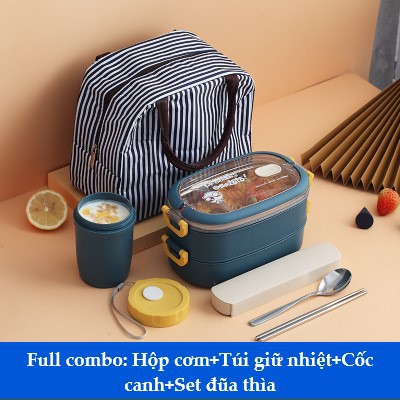 [TẶNG FULL COMBO] Hộp Cơm Giữ Nhiệt Lúa Mạch 2 Tầng Ruột Inox 304 - Hộp Cơm Văn Phòng