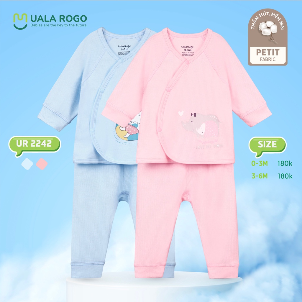Bộ Uala Rogo Petit cài chéo hà mã dài tay cao cấp thoáng mát mềm mịn thấm hút tốt cho bé trai bé gái sơ sinh 2242