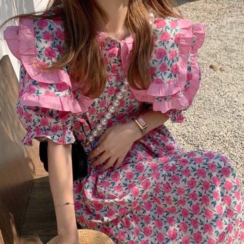 Váy Hoa Nhí Cổ Bèo Tay Bồng