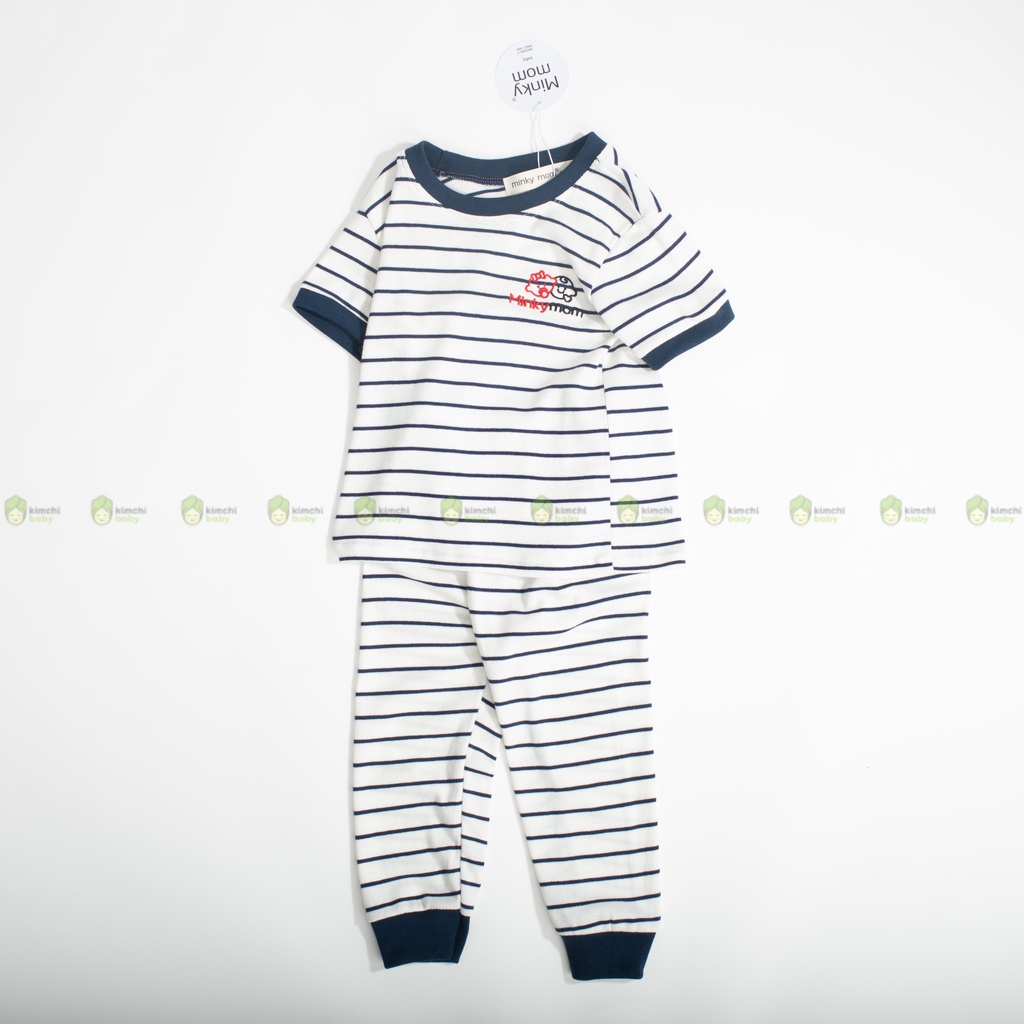 Bộ Dài Tay Cho Bé Gái, Bé Trai Minky Mom Vải Cotton Borip Kẻ Ngang Thêu Ngực, Bộ Quần Áo Trẻ Em Mặc Nhà MKMTD2175