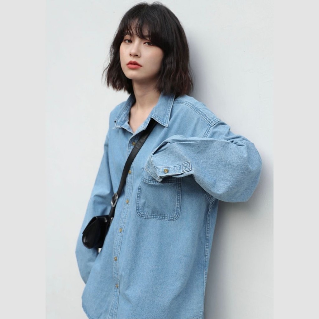 ⚡️FREESHIP⚡️Deal HOT Áo sơ mi bò Denim style Vintage Pháp dáng rộng basic kèm túi da phong cách cho nữ Laylaland