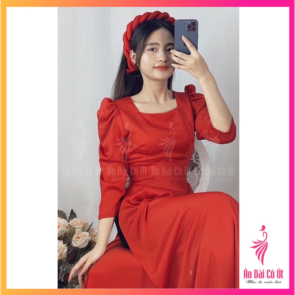 Áo Dài Truyền Thống Cổ Vuông Tay Bồng Dài Lụa Tây Thi Hàng May Sẵn