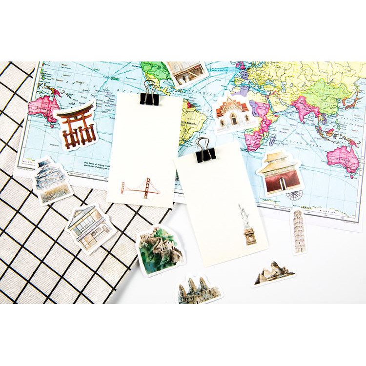 Bộ 46 Sticker Hàn Quốc Kỳ Quan Thế Giới dán trang trí E04