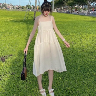 (Sẵn) Đầm midi 2 dây babydoll kem tầng mảnh có dây tăng đưa