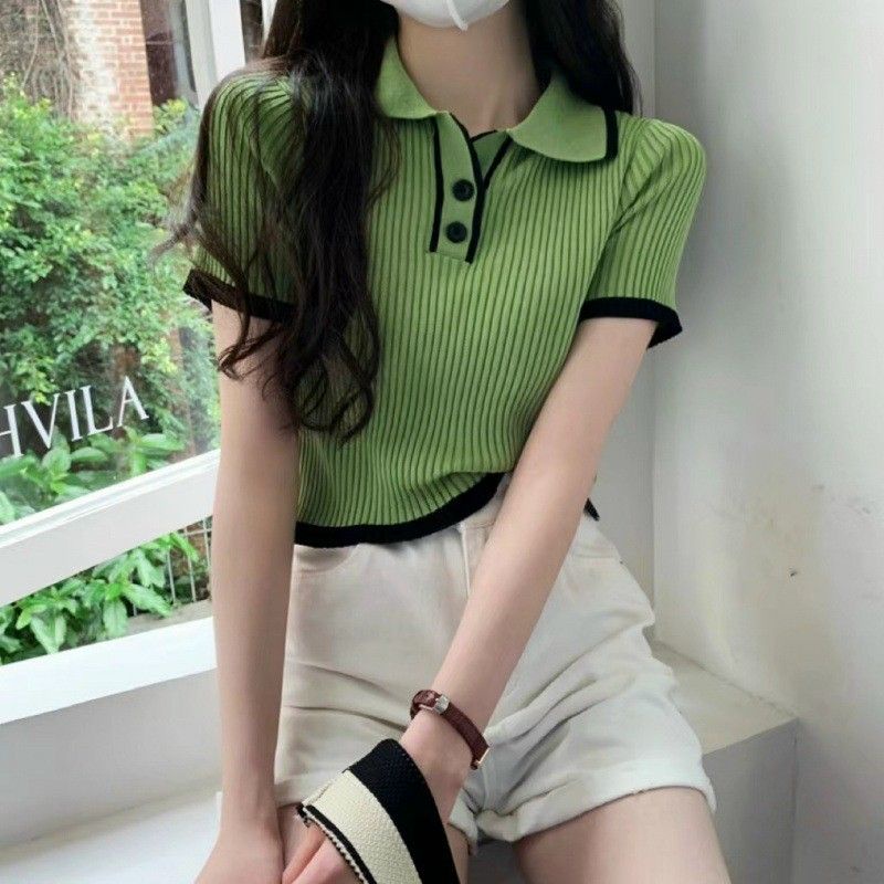 áo len xanh cổ bẻ đen viền A305k