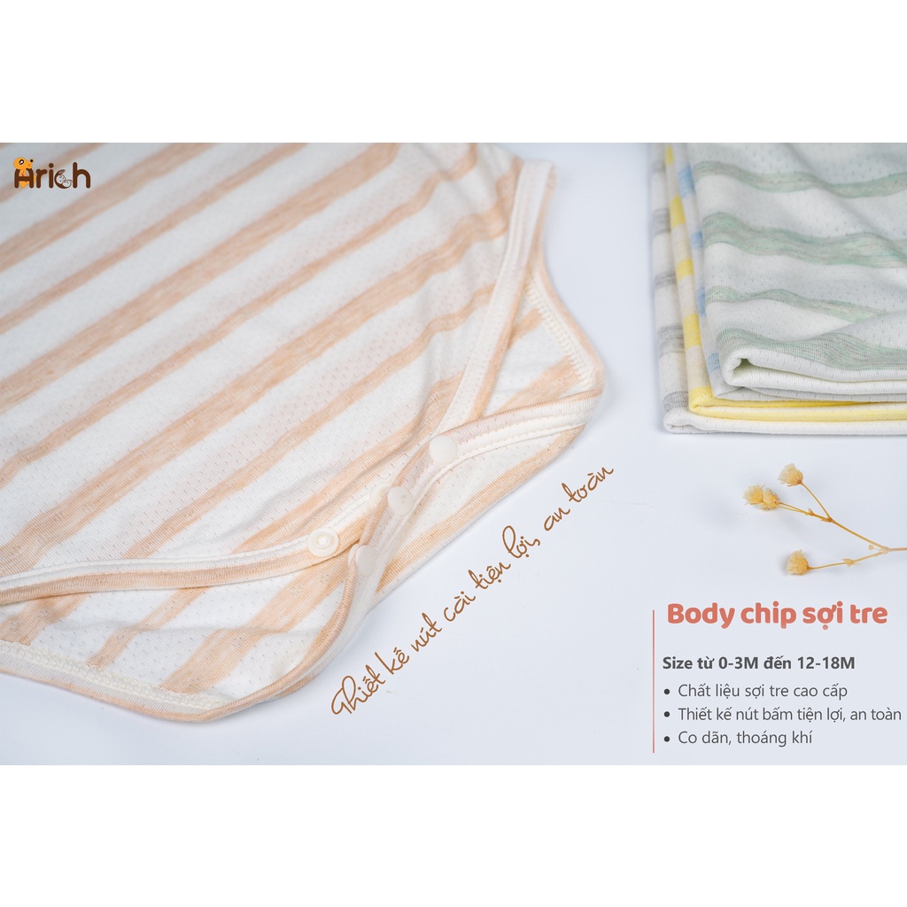 Bộ body chíp cộc tay vải sợi tre phối sọc Arich, sơ sinh (newborn) đến 18 tháng