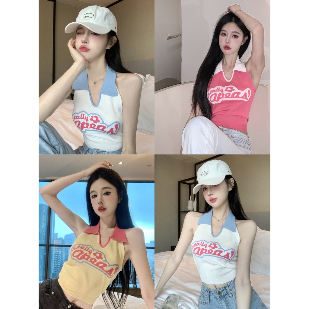 Áo len croptop cổ yếm bẻ polo sát nách in chữ hot girl chữ V hở vai lưng dây cột nơ 3 màu ulzzang