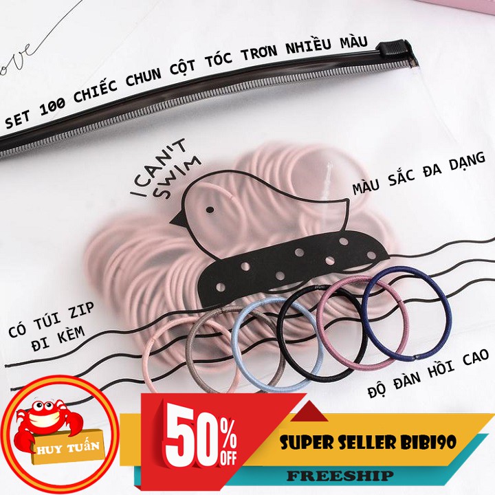 [BUÔN SỈ] Set 100 chun buộc tóc trơn nhiều màu kèm túi zip