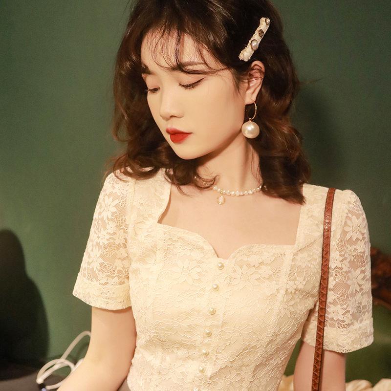 The store is on holiday  please chat with customer service! Áo Ren Tay Ngắn Cổ Vuông Họa Tiết Thêu Hoa Phong Cách Retro