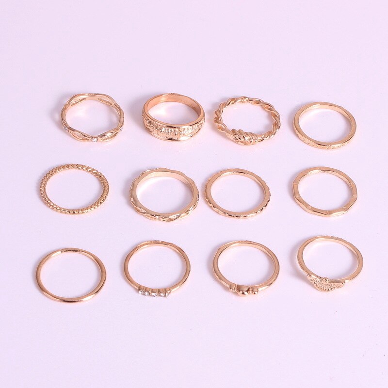 Set 12 chiếc nhẫn màu vàng kim phong cách vintage cá tính cho nữ