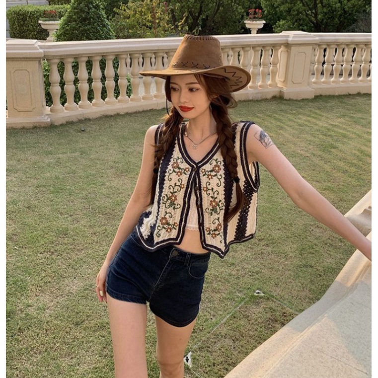 Áo kiểu XIAOZHAINV vải dệt kim mỏng không tay dáng rộng kiểu retro xinh xắn cho nữ