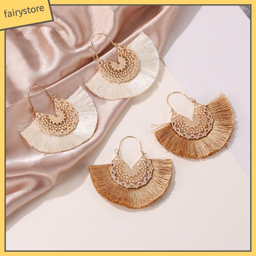 Khuyên Tai Dáng Dài Hình Quạt Phối Tua Rua Phong Cách Bohemian Thời Trang