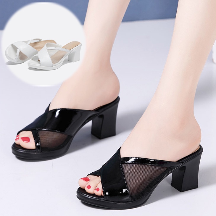 Dép Nữ Cao Gót Vuông Quai Da Bóng Phối Lưới Cao Cấp - CG47