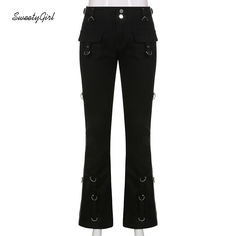 Quần Jean Dài Ống Rộng Lưng Thấp Màu Trơn Đính Nút Thời Trang 2022 Y2k Cho Nữ