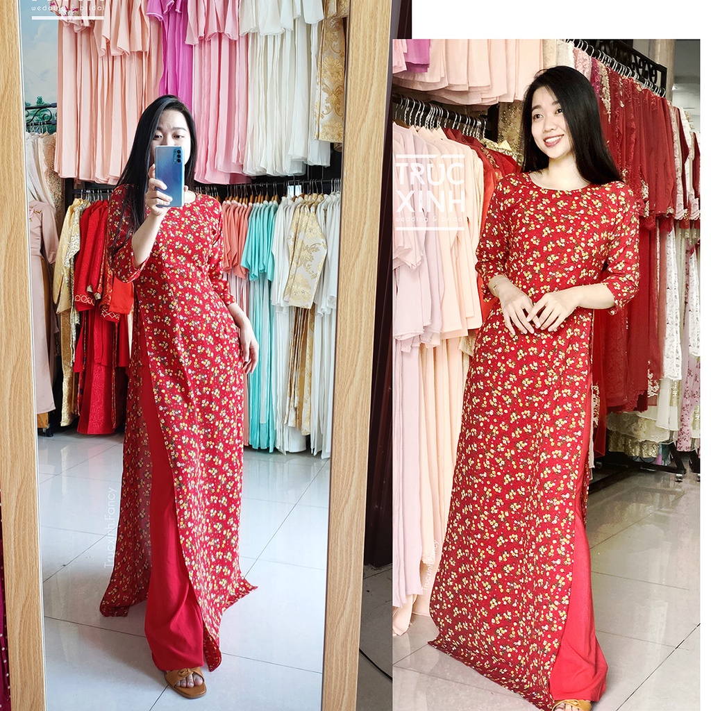 Áo dài đỏ hoa nhí - Áo dài đỏ đô in hoa đào