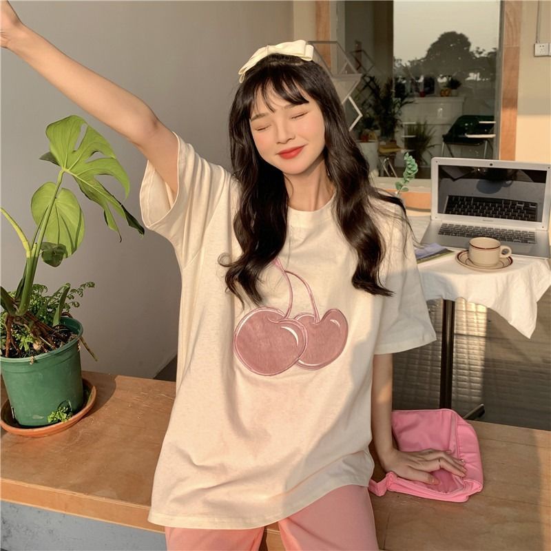 Áo thun nữ Pure Cube dáng rộng thêu hình quả cherry thời trang xuân hè phong cách Hàn Quốc hàng mới cho nữ