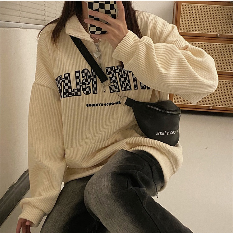 Áo Sweater Nhung Kẻ Dáng Rộng In Chữ Thời Trang Mùa Thu Dành Cho Nữ