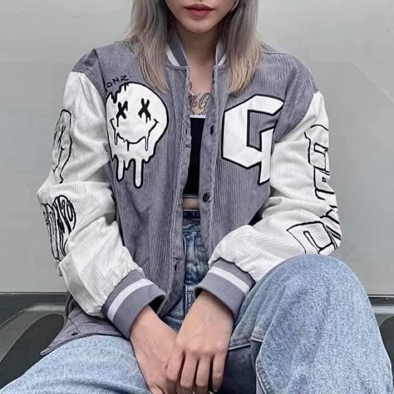 Áo Khoác Bomber Nhung Tăm Hoạ Tiết Mặt Cười Ảnh Thật