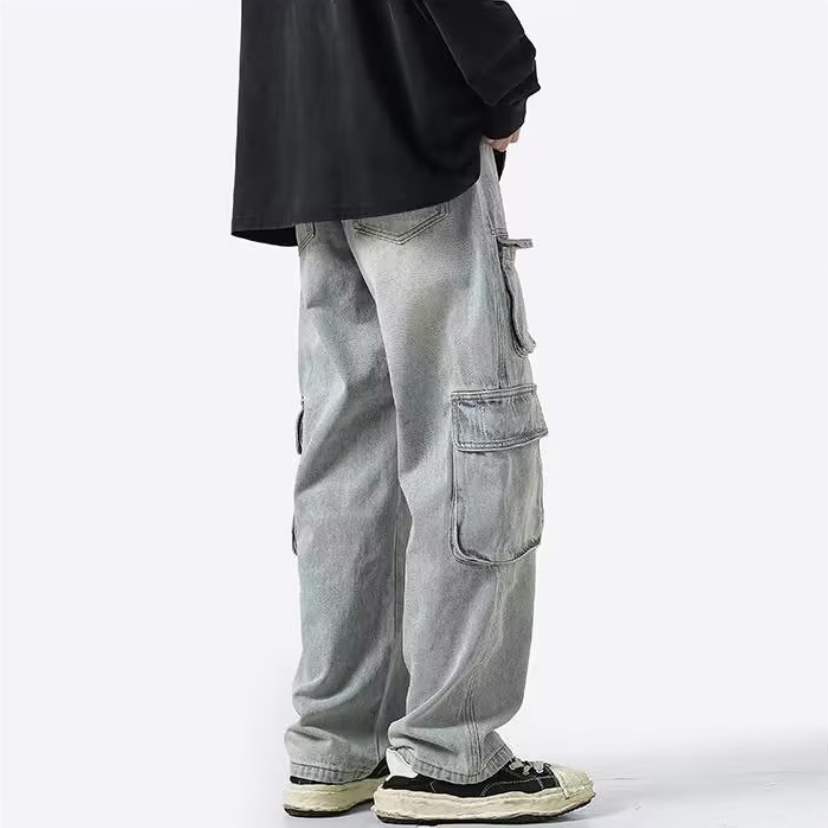 Quần Jean Dài Ống Rộng Nhiều Túi Phong Cách Hàn Quốc Thời Trang Cho Nam Và Nữ