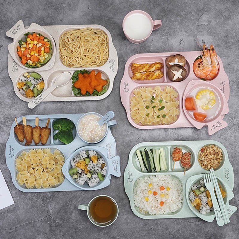 Khay Cơm Cho Bé, Khay Ăn Dặm Lúa Mạch 6 Chi Tiết Đựng Thức Ăn Cho Bé.