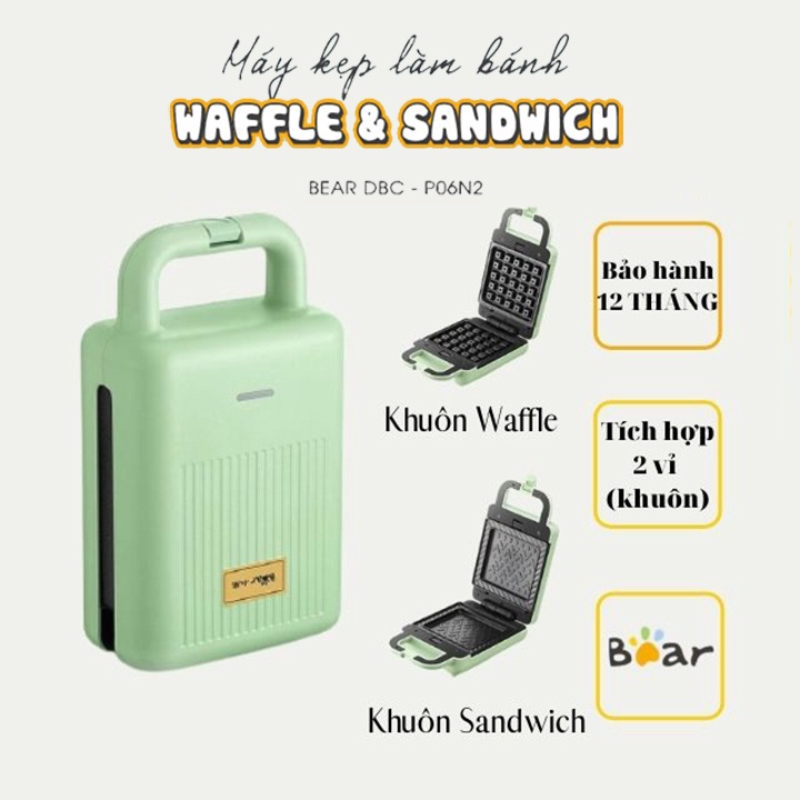 Máy Nướng Bánh Mì Sandwich - Máy Làm Bánh Waffle - Bánh Kẹp Tổ Ong _Làm Bữa Ăn Sáng Cho Gia Đình_Bear P06N2