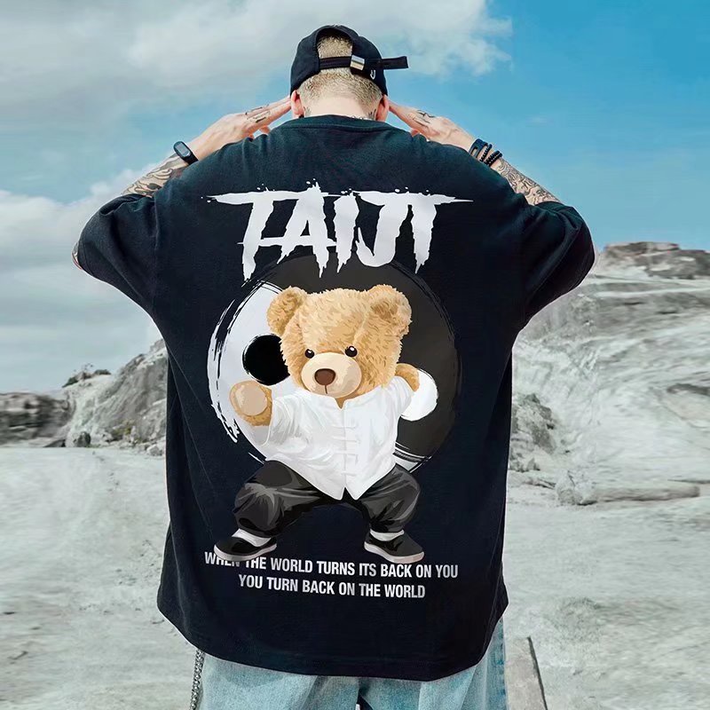 Áo Thun Tay Ngắn Dáng Rộng In Họa Tiết Hoạt Hình Chú Gấu Phong Cách Hip Hop Đường Phố Hàn Quốc Thời Trang Mùa Hè Cho Nam Và Nữ M-8XL