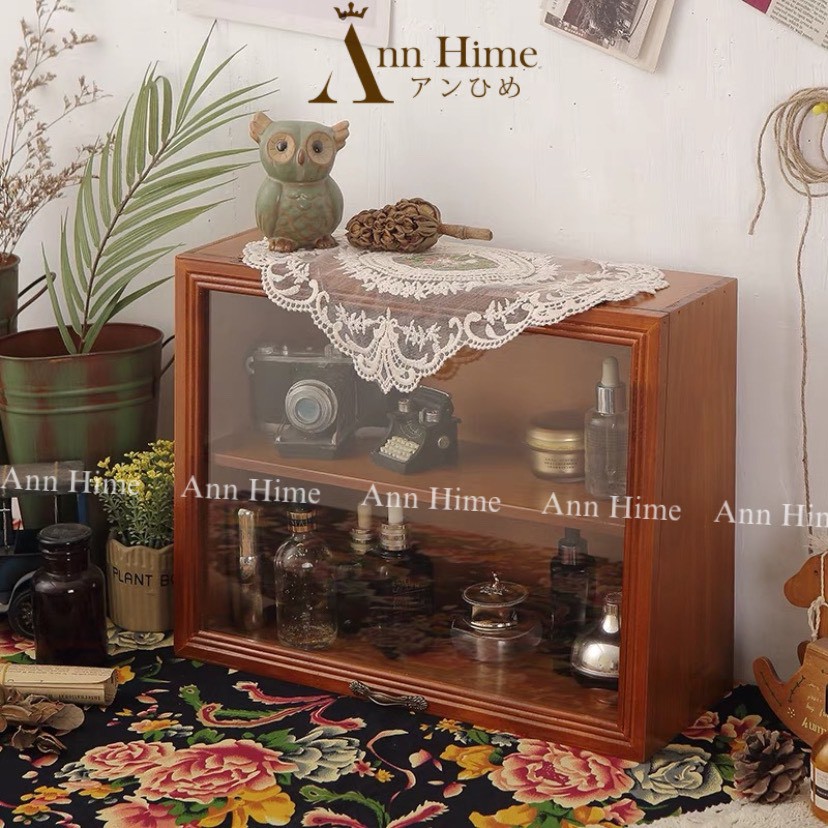 Tủ Gỗ Mini Để Bàn Trang Trí Decor Vintage Đựng Mỹ Phẩm Cốc Ly Chén Kiểu Cánh Ngược Ann Hime Sp9