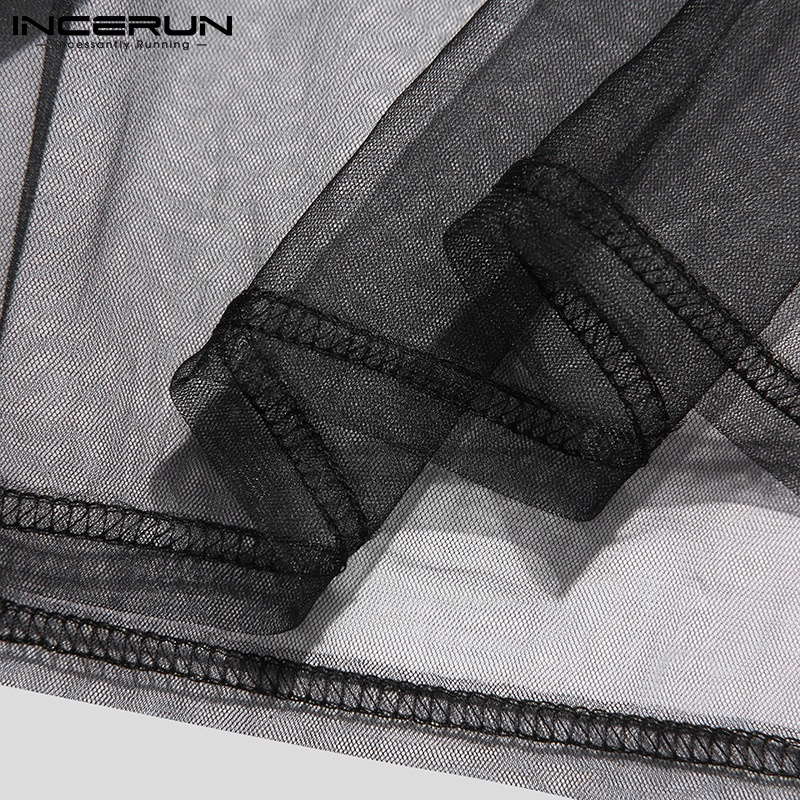 Áo thun INCERUN lưới xuyên thấu ngắn tay phối tua rua gợi cảm cho nam