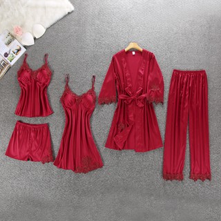 Set đồ ngủ 5 món bằng lụa Satin tay dài phối ren quyến rũ cho nữ
