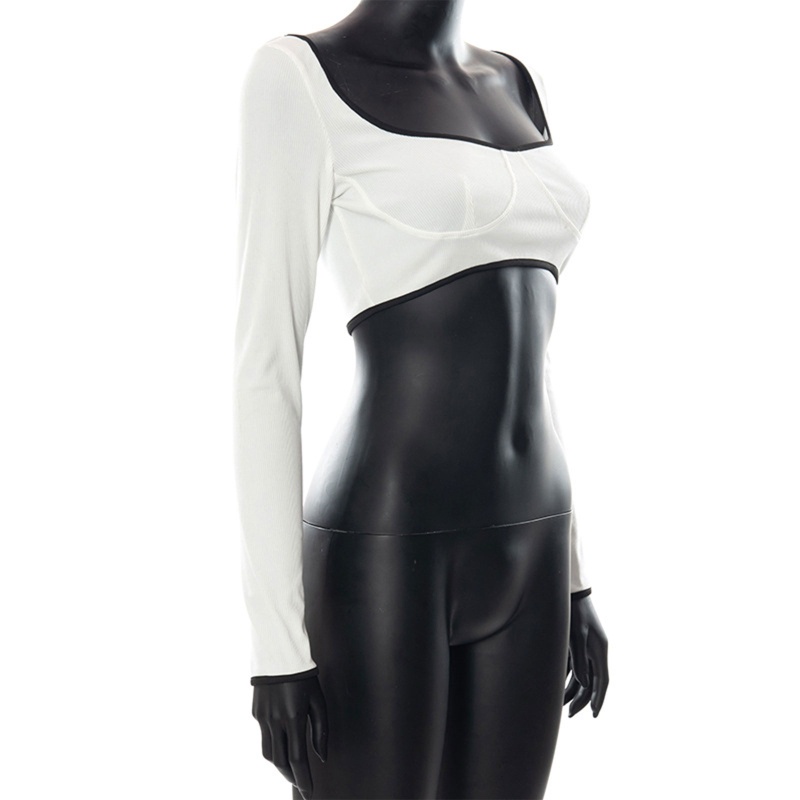 Brroa Áo Croptop Tay Dài Cổ Khoét Sâu Màu Sắc Tương Phản Dáng Ôm Quyến Rũ Cho Nữ