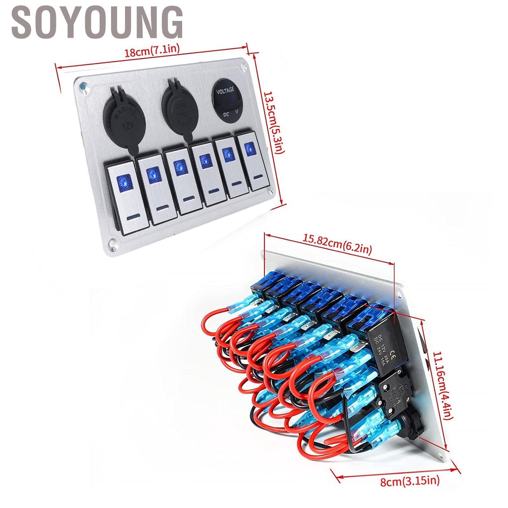 Soyoung Rocker Switch Panel 6 Gang On Off Blue LED Light 4.2A Dual USB Charger Port Aluminum Alloy for Car RV