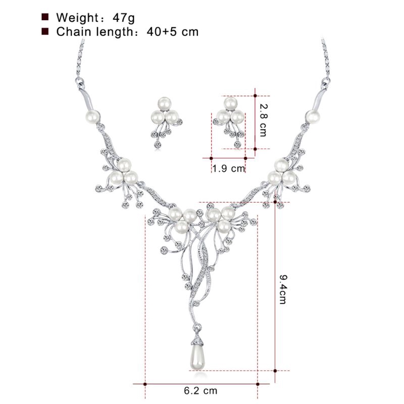 Set dây chuyền + bông tai đính hạt giả ngọc trai