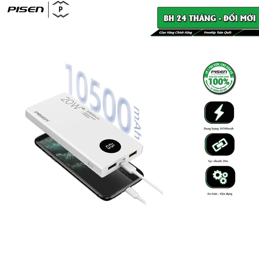 Sạc dự phòng PISEN QUICK PD20W 10500mAh công suất 20W, model : TS-D306 - Hàng chính hãng, bảo hành 24 tháng