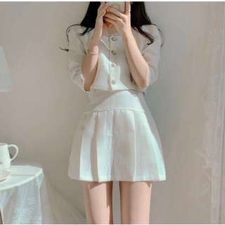 Set áo tay phồng nút ngọc kèm chân váy pli
