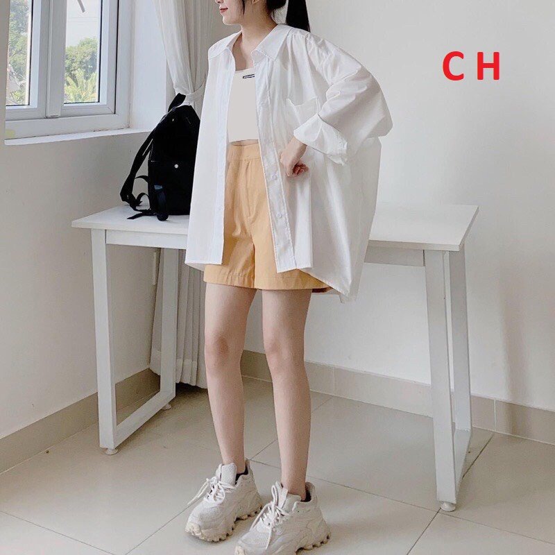 SÉT 3 món sơ mi TRẮNG kèm quần short kaki áo 2 DÂY- sét bộ đồ nữ dài tay quần sooc lưng cao ống rộng phong cách ulzzang