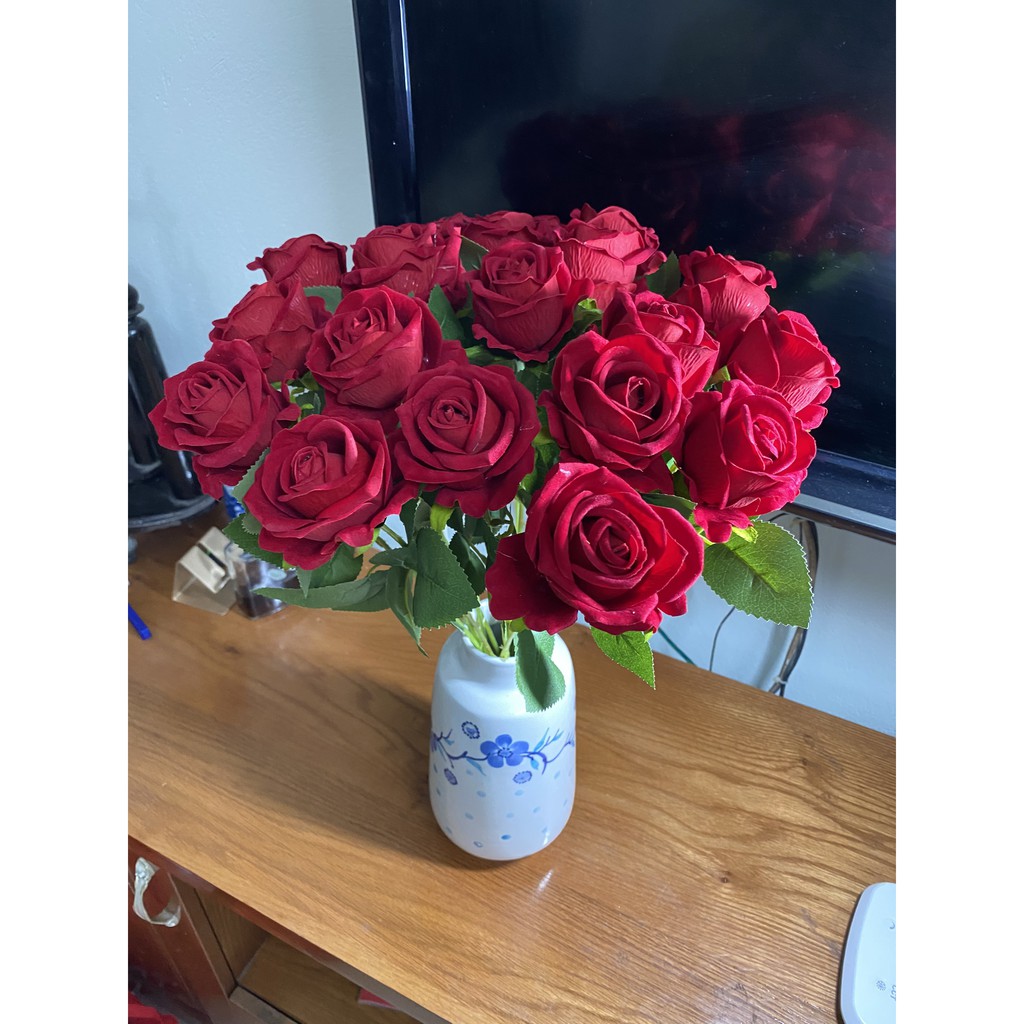 Hoa giả, Hoa hồng NHUNG loại đẹp 1 bông size Cao 51cm bông to 6cm trang trí nội thất,decor, sự kiện-Lụa trà quý tộc
