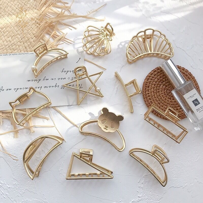 Roselife Korean Gold Metal Shell Star pearl Hair Claw Clip Big Geometric Hairpin Ponytail Holder