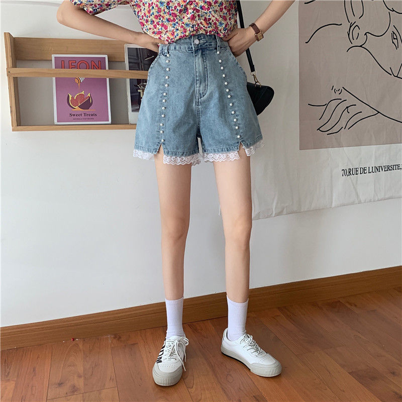 Quần Short Jeans Lưng Cao Phối Ren Thời Trang Cho Nữ