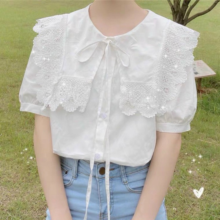 áo sơ mi cổ bèo nữ ngắn tay A001, áo tiểu thư viền ren phong cách hàn quốc A001 huongmitxu