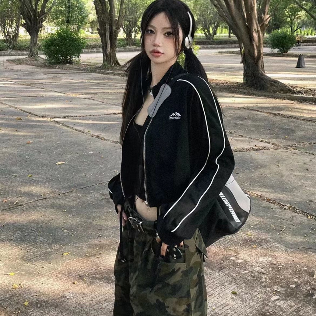 Áo Khoác Cardigan Cổ Đứng Dáng Ngắn Có Khóa Kéo Phong Cách Mỹ Thời Trang Mùa Thu Cho Nữ