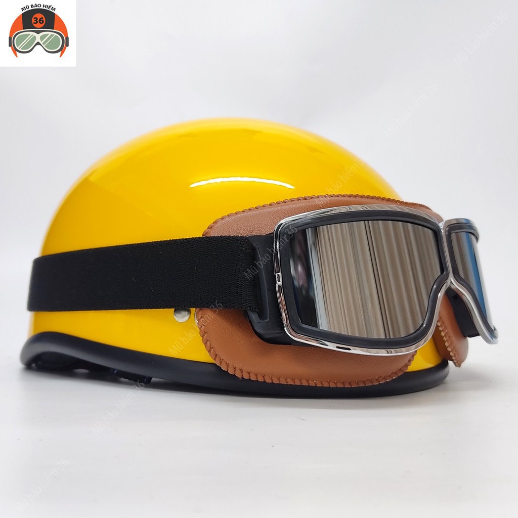 Mũ bảo hiểm nửa đầu Sunda Halya kèm kính phi công viền da - màu cam bóng