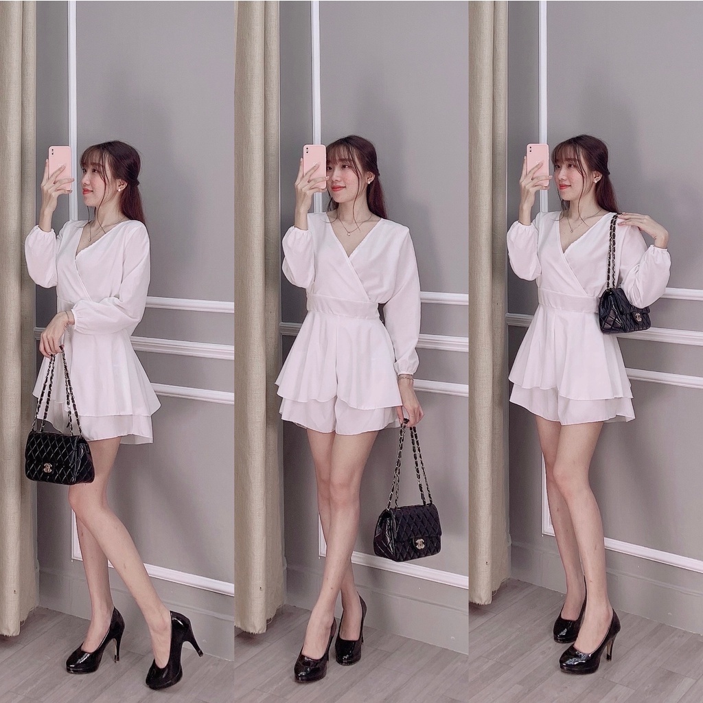 Jumpsuit nữ tay dài màu trắng đắp chéo sang chảnh 2023