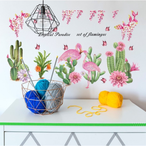 Decal giấy dán tường mẫu Con Hạc Hông và xương rồng lớn bắc âu