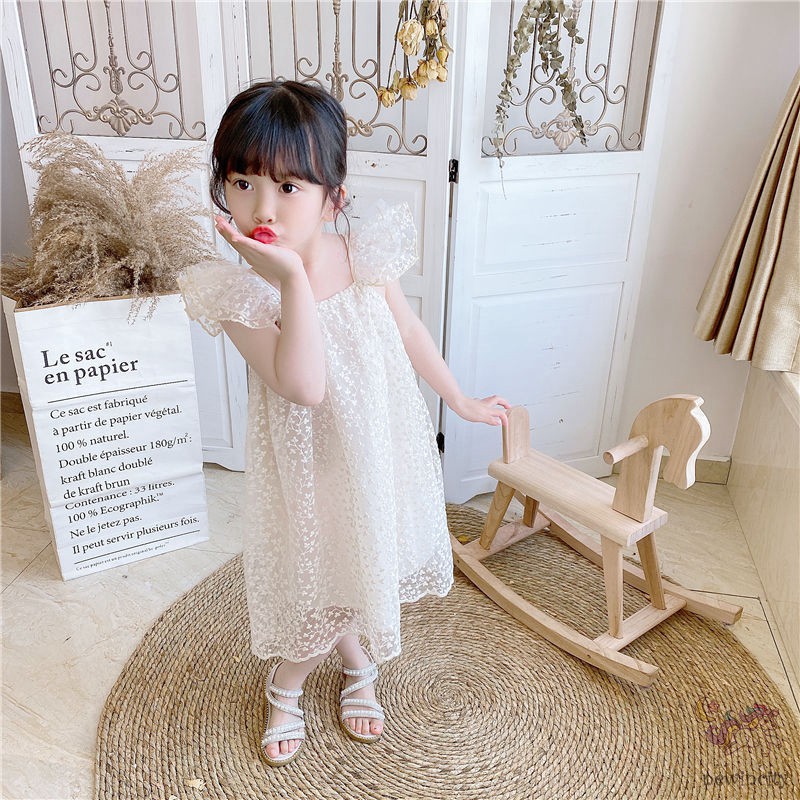 Đầm Công Chúa Sát Nách Phối Lưới Thêu Hoa Phong Cách Hàn Quốc Cho Bé Gái