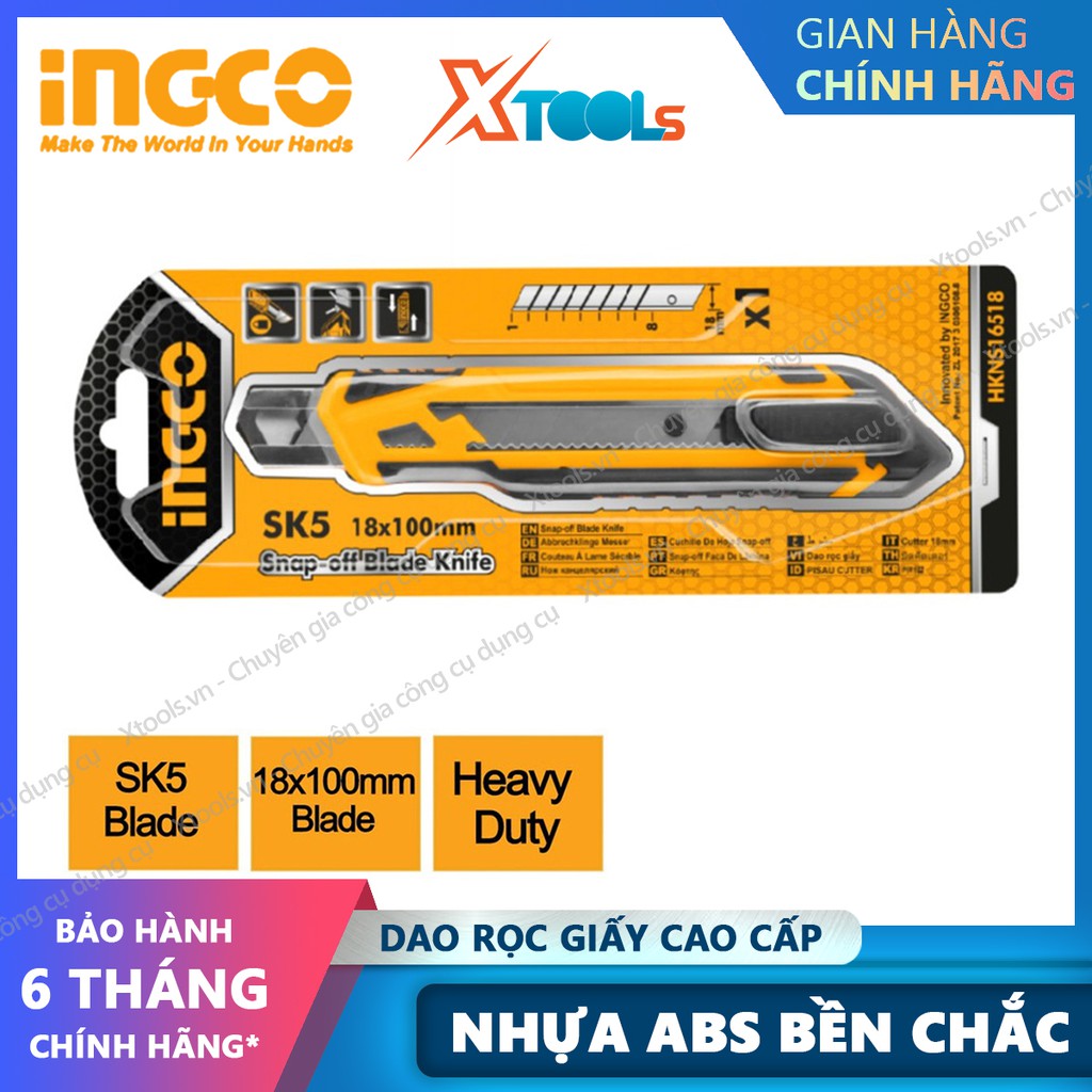 Dao rọc giấy cao cấp INGCO HKNS16518 lưỡi dao 18x100mm nhựa ABS cứng chắc cắt giấy rọc băng keo thùng hàng bìa carton