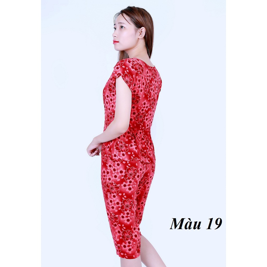 Bộ mặc nhà lanh, tole Vicci BN057, áo cộc tay dáng peplum phối quần ngố lưng thun phối họa tiết